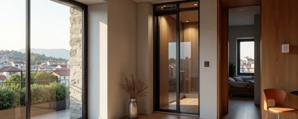 Photographie d'un ascenseur privatif intégré dans une maison lyonnaise avec une vue sur les toits de la ville