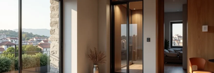 Photographie d'un ascenseur privatif intégré dans une maison lyonnaise avec une vue sur les toits de la ville