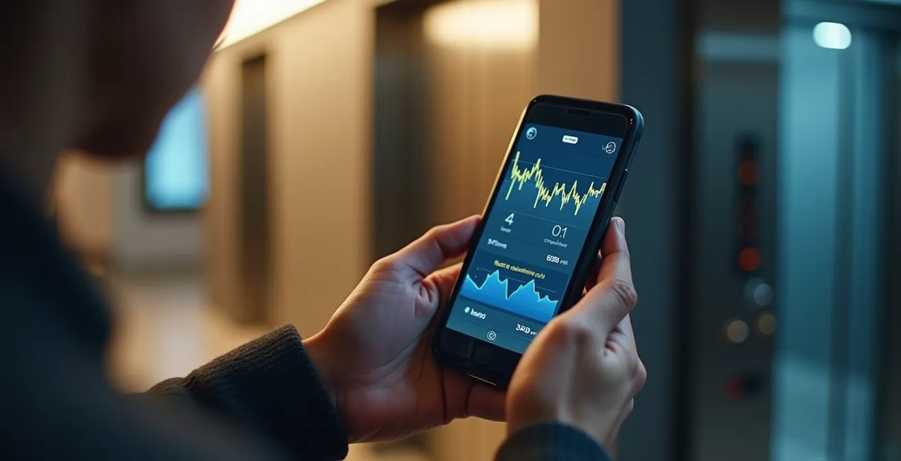 Illustration conceptuelle d'un smartphone affichant des données de maintenance d'ascenseur