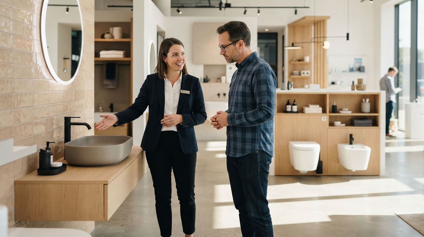 Comptoir de showroom spécialisé exposant quatre modèles de mitigeurs thermostatiques chromés avec étiquettes prix en français et fiches techniques, pommeaux de douche pluie en arrière-plan