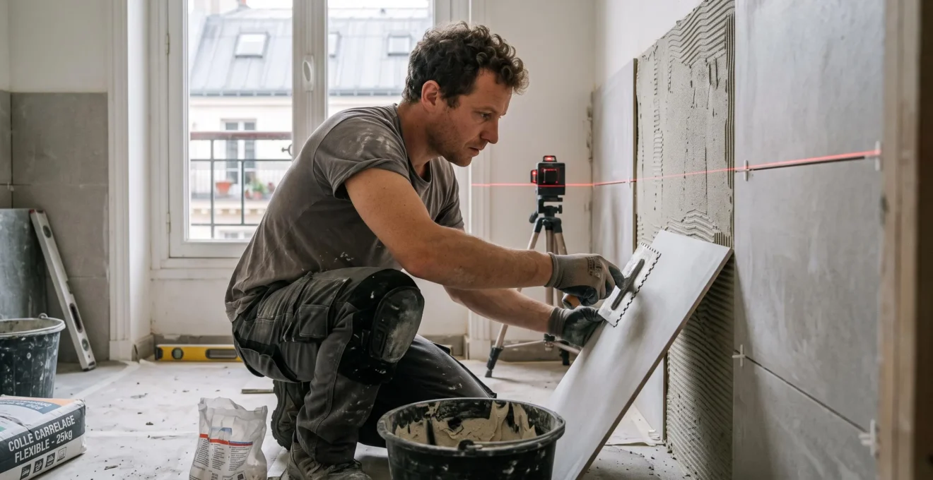 Artisan carreleur professionnel posant du carrelage mural grand format gris dans une salle de bain parisienne en rénovation, niveau laser et outils de pose visibles au premier plan