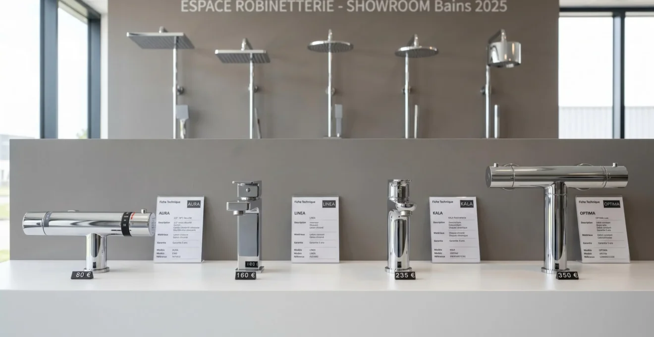 Comptoir de showroom spécialisé exposant quatre modèles de mitigeurs thermostatiques chromés avec étiquettes prix en français et fiches techniques, pommeaux de douche pluie en arrière-plan