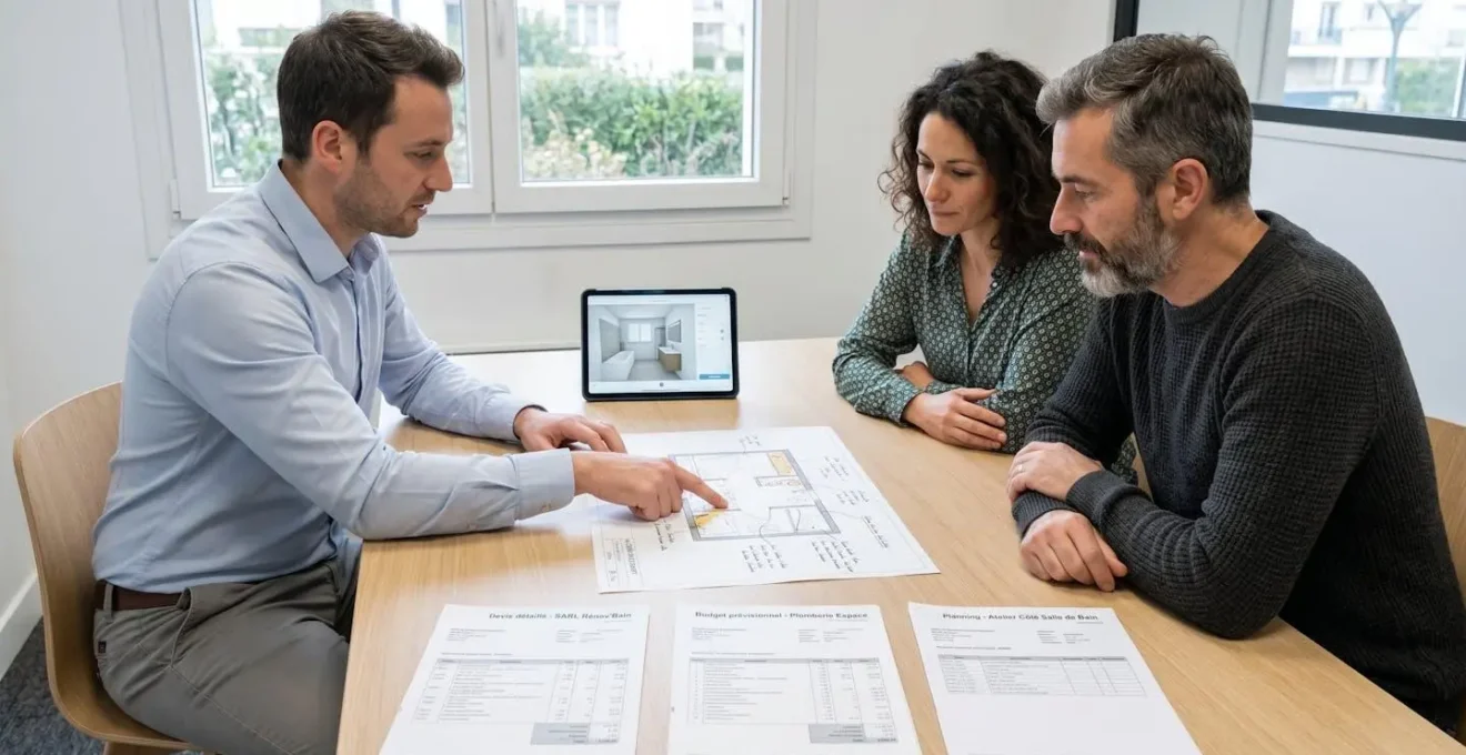 Courtier en travaux et couple de clients examinant ensemble plan de salle de bain annoté et trois devis détaillés sur table de travail, bureau d'agence contemporain avec lumière naturelle