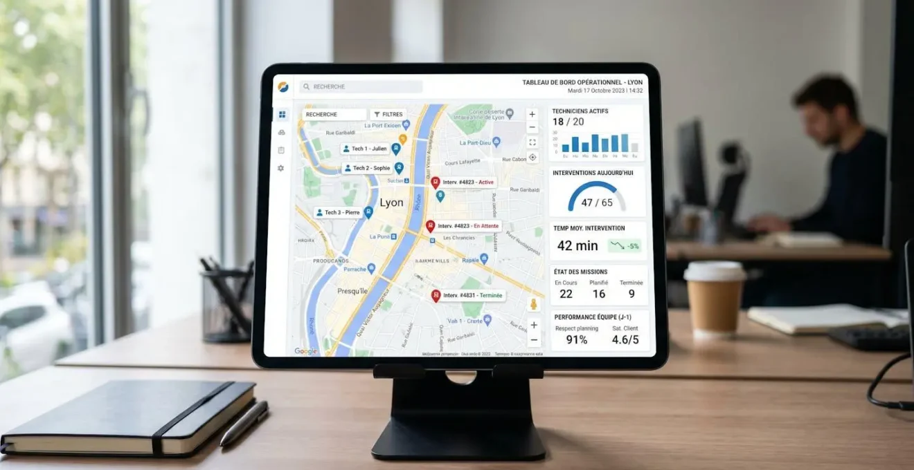 Écran de logiciel de gestion d'interventions terrain affichant carte interactive avec points géolocalisés de techniciens et tableaux de bord KPIs opérationnels sur fond de bureau professionnel contemporain