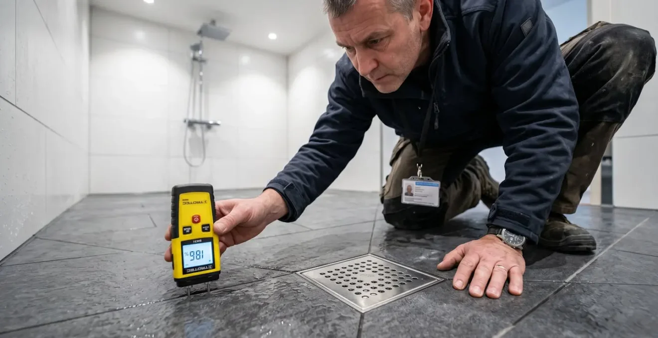 Professionnel du bâtiment accroupi inspectant joints de carrelage gris et siphon de sol inox d'une douche italienne terminée avec testeur d'humidité numérique