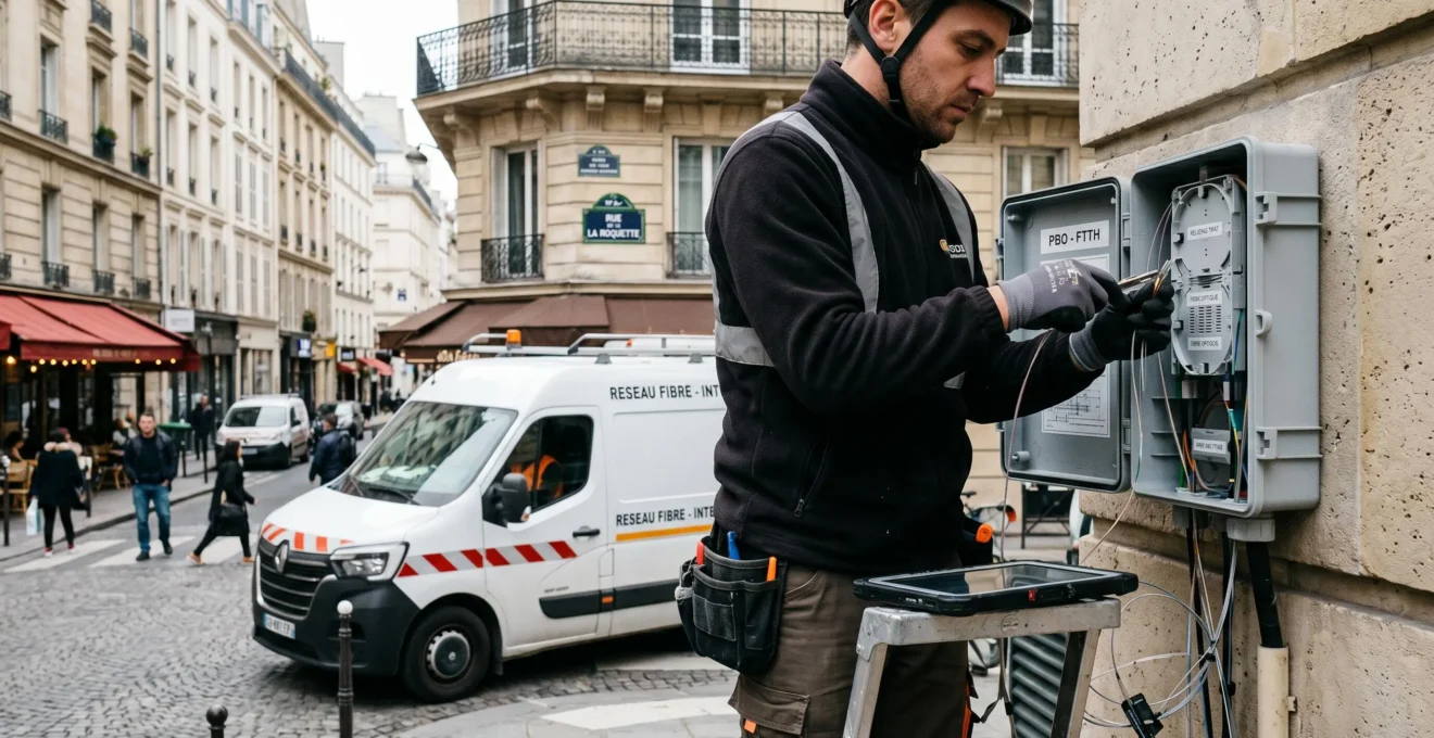 Technicien fibre optique en intervention sur boîtier de raccordement mural en façade d'immeuble urbain français, manipulant des câbles de connexion, véhicule utilitaire de service visible en arrière-plan dans rue dense