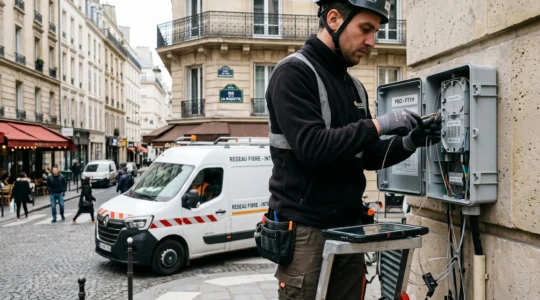 Technicien fibre optique en intervention sur boîtier de raccordement mural en façade d'immeuble urbain français, manipulant des câbles de connexion, véhicule utilitaire de service visible en arrière-plan dans rue dense